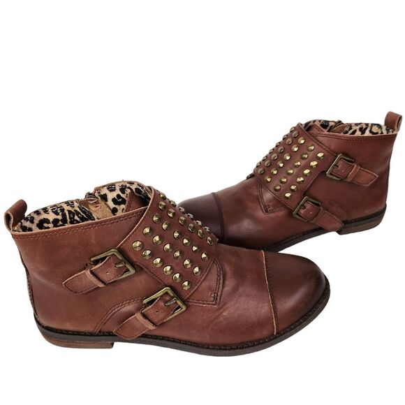 Lucky Brand Boot Womens 6.5 Dosey Brown Studded Leather  Zip casual school - Picture 1 of 11